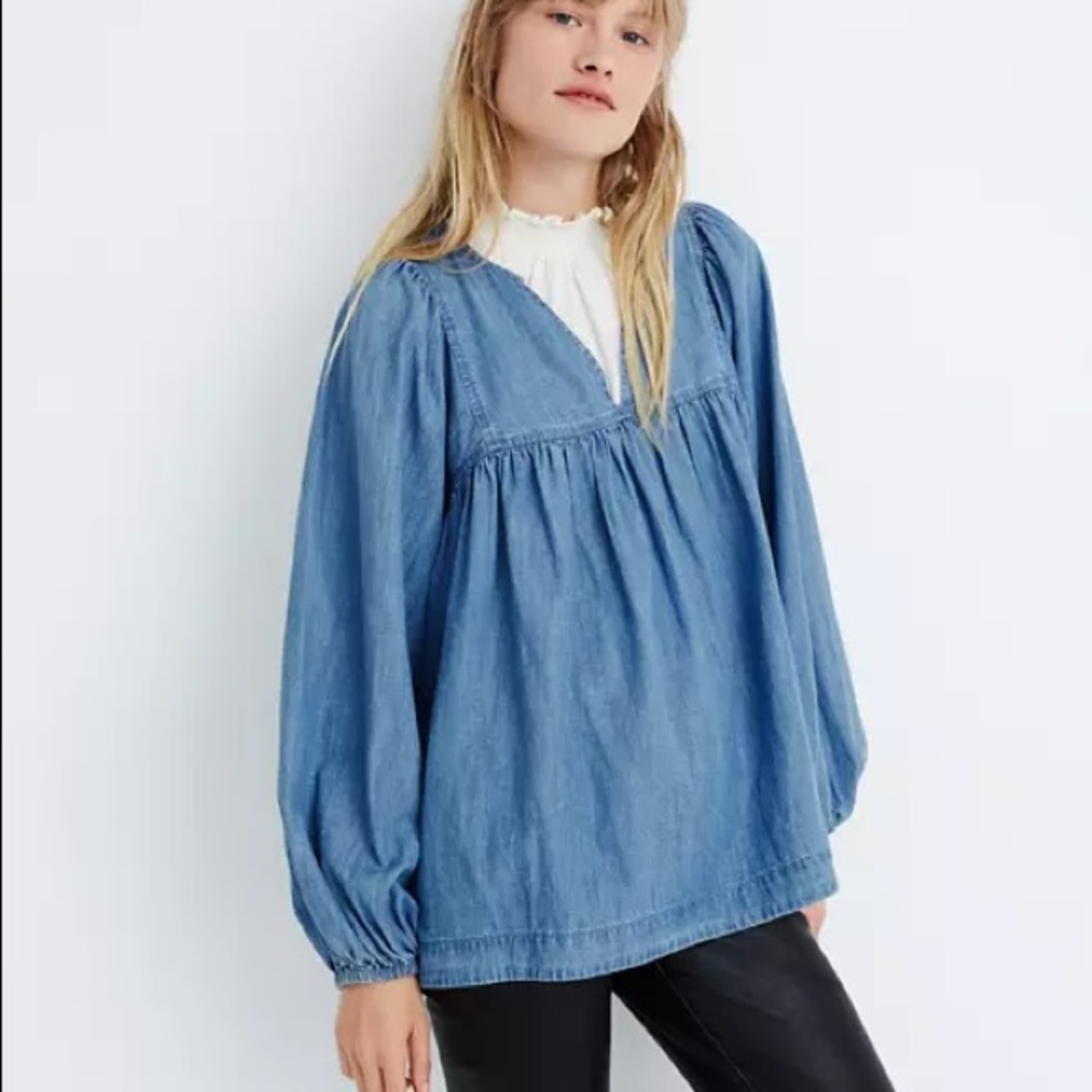 NWT Madewell Denim-shirred Balloon Sleeve Tunic